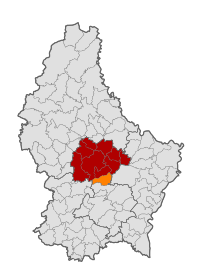 Map of Luxembourg with Lorentzweiler highlighted in orange, and the canton in dark red