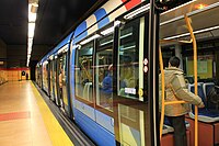 One of the light rail vehicles at Pinar de Chamartín, on line ML-1.