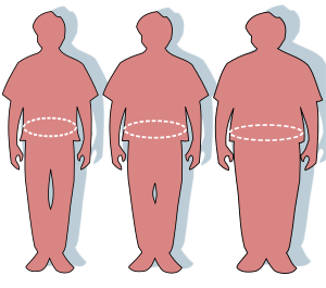 Tiga siluet gambar yang menunjukkan garis tubuh orang berukuran normal (kiri), kelebihan berat (tengah), dan gemuk (kanan).