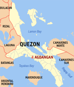 Mapa ng Quezon na nagpapakita sa lokasyon ng Agdangan.