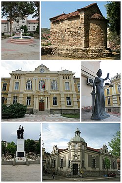 Kolase gambar Prokuplje: Rumah Sakit Umum, Gereja Latin, Balai Kota, Patung di gedung pengadilan, Monumen pahlawan Perang Dunia I, Museum Nasional Toplica.