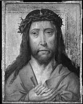 Dessin montrant le buste du Christ couronné d'épines, pleurant et joignant les mains.