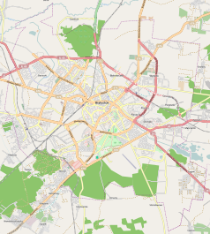 Mapa konturowa Białegostoku, w centrum znajduje się punkt z opisem „Wydział Sztuki Lalkarskiej w Białymstoku”