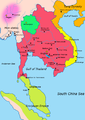 Image 1Map of South-east Asia c. 900 CE, showing the Khmer Empire in red, Champa in yellow and Haripunjaya in light green, plus additional surrounding states (from History of Cambodia)