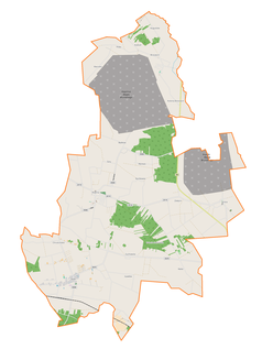 Mapa konturowa gminy Rząśnia, blisko centrum na lewo znajduje się punkt z opisem „Rząśnia”