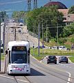 Raitiovaunu reitillä CERN–Meyrin–Geneven lentoasema.