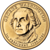 Gold coin with bust of Washington facing slightly left of but looking sternly straight at the viewer. "GEORGE WASHINGTON" is above, "1st PRESIDENT 1789–1797" below, and "JFM" in tiny letters at the bust's base.