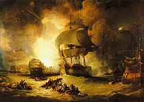 L’explosion de l’Orient. Cette œuvre au caractère dramatique est l’une des plus célèbres représentations de la catastrophe. Tableau anglais de George Arnald, 1825.