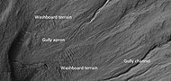 高分辨率成像科学设备显示的标有“搓板地形”和其他特征的陨石坑近景图，注：这是之前图像的放大版。搓板地形形成于冲沟的冲积扇之前，因为冲积扇穿过了搓板地形[72]。