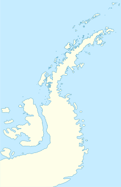 Mapa konturowa Półwyspu Antarktycznego, u góry po prawej znajduje się punkt z opisem „Snow Hill Island”