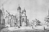 Vrijthof in Maastricht, met St. Servaasbasiliek en Hoofdwacht, tekening van Victor de Stuers uit 1864