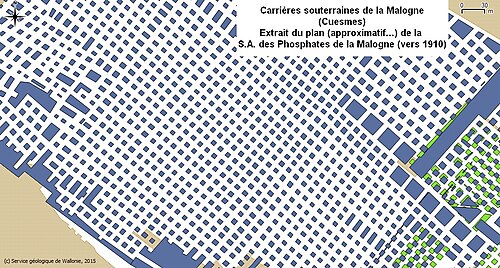 Carrières souterraines de la Malogne (Cuesmes). Extrait d'un plan montrant la méthode d'exploitation par chambres et piliers abandonnés (vers 1910).