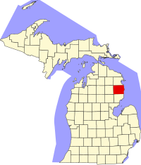 Kort over Michigan med Alcona County markeret