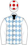 Light blue and white diamonds, white sleeves, white cap, red spots