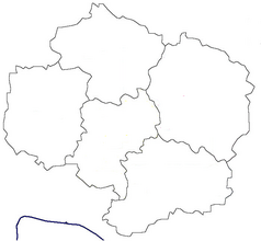 Mapa konturowa kraju Wysoczyna, na dole znajduje się punkt z opisem „Morawskie Budziejowice”