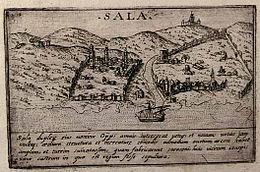 La gravure fait apparaître à gauche (donc sur la rive droite de l'embouchure du Bouregreg) la ville de Salé, et à droite de l'image (donc sur la rive gauche), « Salé-le-Neuf », le futur Rabat.