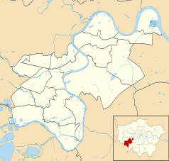 Mapa konturowa gminy Richmond upon Thames, na dole nieco na lewo znajduje się ikonka pałacu z opisem „Hampton Court”