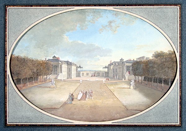 L'hôtel peint depuis le centre du « parterre de gazon de quatre pièces découpées » [7] dans les années 1770 par Alexis-Nicolas Pérignon.