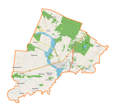 Mapa konturowa gminy Kock, w centrum znajduje się punkt z opisem „Kock”