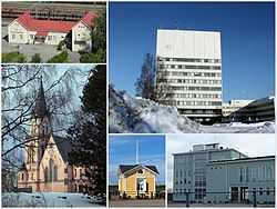 Clockwise, from top left: Kemi Railway Station, Kemi City Hall, Karihaara School, Café at the inner harbour, and Kemi Church