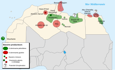 Carte montrant les gisements de pétrole d'Afrique du Nord, de l'Égypte à la Mauritanie.