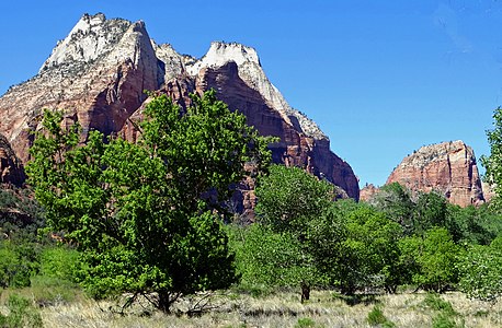 Mount Majestic, upper left, from the south. (Cathedral Mountain center, Angels Landing right)