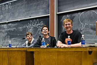 4chan founder moot (left) with webcomic creators Randall Munroe and Ryan North at ROFLCon 2008