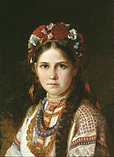 En flicka i en nationell slavisk dräkt. Nikolaj Ratjkov,