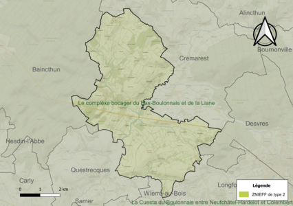 Carte de la ZNIEFF de type 2 sur la commune.