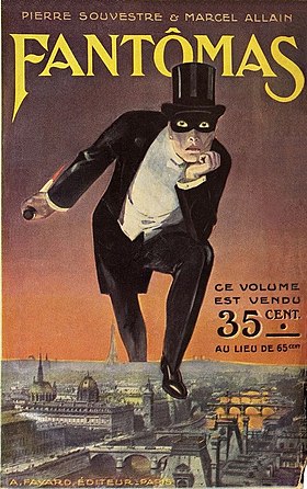 Couverture du premier volume de la série Fantômas coécrite par Pierre Souvestre et Marcel Allain, éditions Arthème Fayard, 1911.Artiste anonyme ; les illustrations de couverture des volumes suivants seront l'œuvre de Gino Starace[n 1],[n 2],[3].