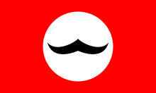 Cercle blanc contenant des moustaches à guidon noires, le tout sur fond rouge.