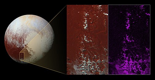As capas de neve brancas nunha cordilleira de Cthulhu Macula (cores realzadas, no centro) coinciden coa firma espectral do xeo de metano (a cor púrpura da imaxe en cores falsas tomada polo telescopio Ralph, a bordo da New Horizons, que está a dereita).