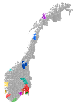 Kristiansandregionen marked in green in the far southern tip of Norway