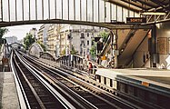 Cambronne station on Line 6 of the Paris Métro. An example of an elevated station with side platforms.