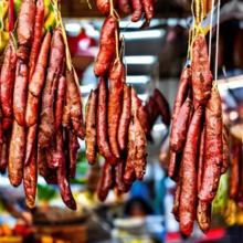 Chorizo hanging in a traditional Spanish market