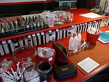 A photo of a juice bar mixing station at a vape shop in January 2016.