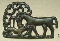 Bronze Ordos culture plaque, from the eastern end of Scythian art, 4th century BC; a deer attacked by a wolf