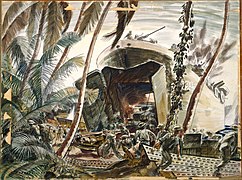 Landing Ships Under Fire, Treasury Island, 1943 (débarquement de la 3e division néo-zélandaise à Mono, par le peintre Russell Clark).