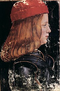 Portrait peint de profil d'un adolescent tourné vers la droite. Peinture en mauvais état.