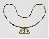 Pectoral and necklace of Princess Sithathoriunet; 1887–1813 BC; gold, carnelian, lapis lazuli, turquoise, garnet & feldspar; height of the pectoral: 4.5 cm; Metropolitan Museum of Art (New York City)