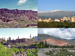 Clockwise from top: Quebrada de Humahuaca, San Salvador de Jujuy, Pucará de Tilcara, and the Hill of Seven Colors .