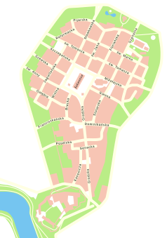 Mapa konturowa Starego Miasta w Krakowie, blisko centrum na prawo u góry znajduje się punkt z opisem „Kamienica Hipolitów”