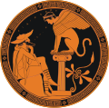 Détail du kylix attique Œdipe et le Sphinx.