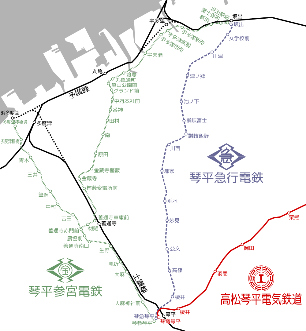 琴平駅の位置関係 黒：四国旅客鉄道 琴平駅 赤：高松琴平電鉄 琴電琴平駅 緑：琴平参宮電鉄 琴参琴平駅（廃止） 藤：琴平急行電鉄 琴急琴平駅（廃止）