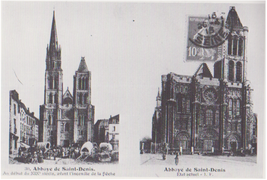 Gereja biara Saint-Denis sebelum dan sesudah kebakaran puncak menara.