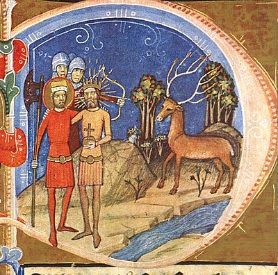 Chronicon Pictum, Hungarian, Hungary, King Saint Ladislaus, King Géza of Hungary, orb, battleaxe, deer, vision, bow, Danube, medieval, chronicle, book, illumination, illustration, history