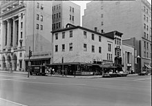 A black and white photograph of Rhodes Tavern in 1967