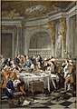 Le dejeuner d'huîtres, pintat el 1.735 per Jean-François de Troy, com a encàrrec d'un jove rei Lluís XV de França pel menjador dels petits apartaments del castell de Versalles. Il·lustra un nou costum dels reis de la seva època, la de menjar el que aleshores era un producte molt exòtic, les ostres, i, per primera vegada a la història, surt en una pintura el vi de xampany. De fet l'atenció dels comensals (tot homes) segueix, a més, les línies de perspectiva que coincideixen amb la columna situada al centreesquerra, on el tap d'una ampolla d'aquest escumós salta. És un dels pocs quadres ubicats a la rotonda de la galeria de les pintures.