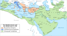 Map of western Eurasia and northern Africa showing the Caliphate in green covering most of the Middle East, with the Byzantine Empire outlined in orange and the Lombard principalities in blue