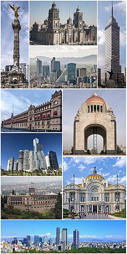 Clockwise frae top: skyline o Paseo de la Reforma, Mexico Ceety Metropolitan Cathedral, Skyline o Polanco, Palacio de Bellas Artes, The Naitional Pailace, Aungel o Unthirldom an Torre Latinoamericana